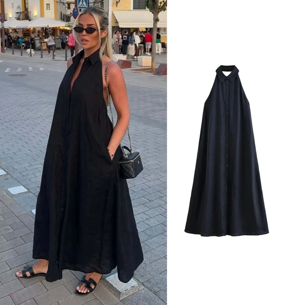 

Women's 2025 New Dresses Summer Neck-Hanging Elegant Long Holiday Dress Women Street Chic Youth Loose Fashion Dress