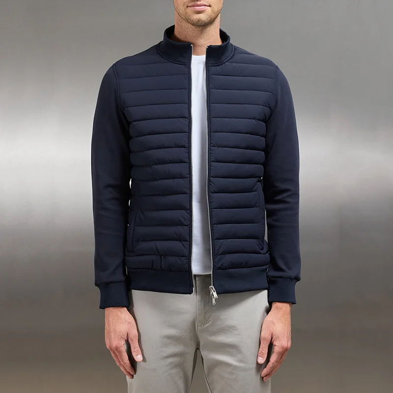 Men Stand Collar Hybrid Quilted Jacket Knit Splice Sleeve Casual Autumn Winter Warm Zip Up Outerwear Coat
