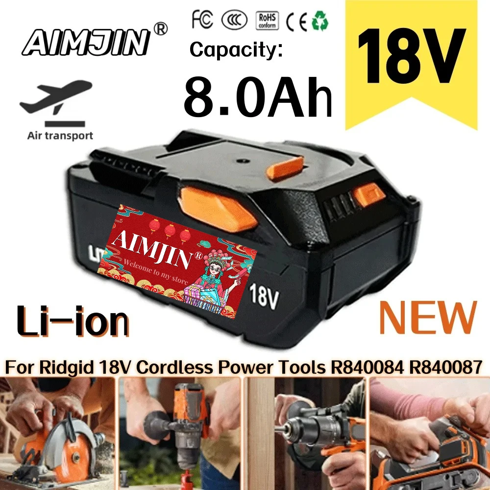 

18V 8000mAh For AEG Lithium-Ion Battery For RIDGID R840087 R840085 L1815R L1850R L1830R R840083 Series Cordless Power Tool