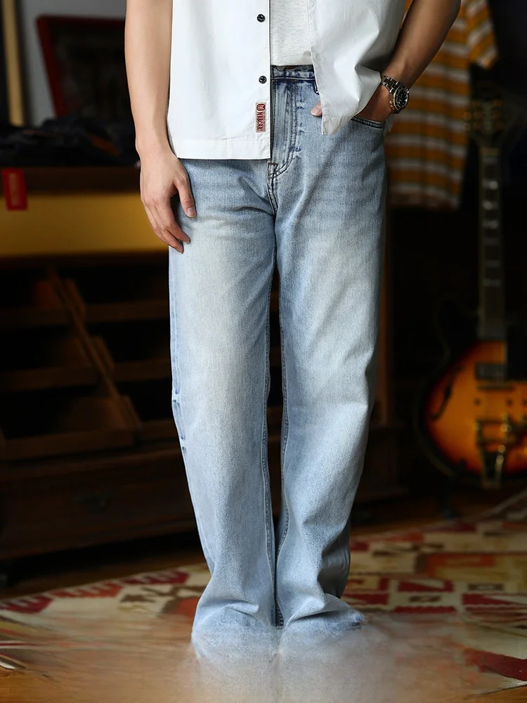 

Slim Straight Denim Jeans Retro Ice Blue American High Street MBBCAR Narrow Ear Washed Cowhide Youth Casual Cotton Blend