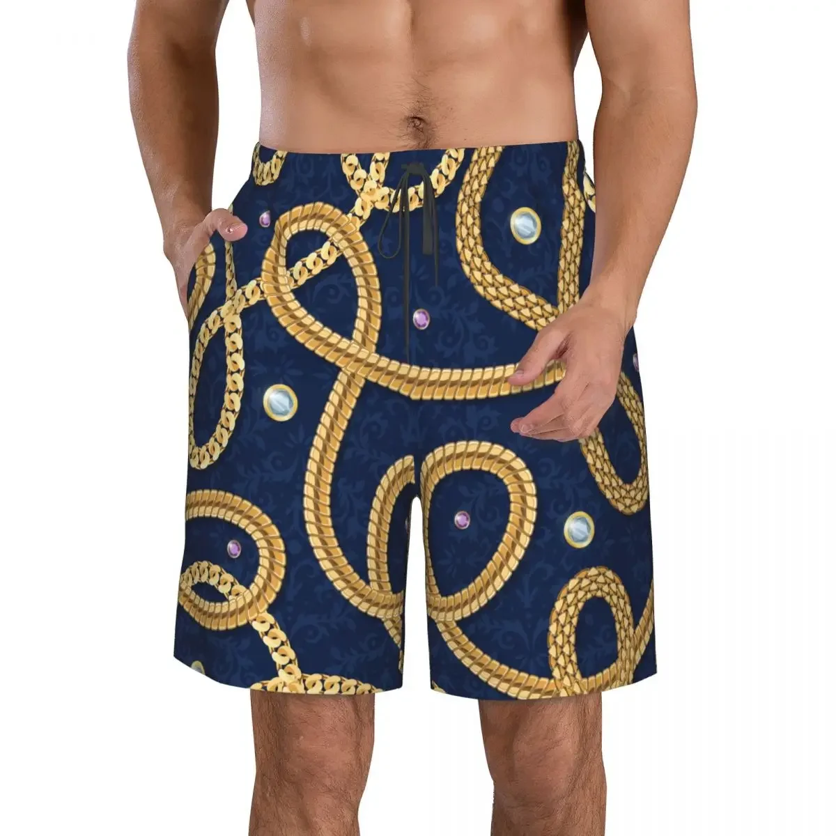 Quick Dry Summer Mens Swimwear Beach Board Short Briefs For Man Gold Chain Seamless Pattern Swimming Trunk Beachwear