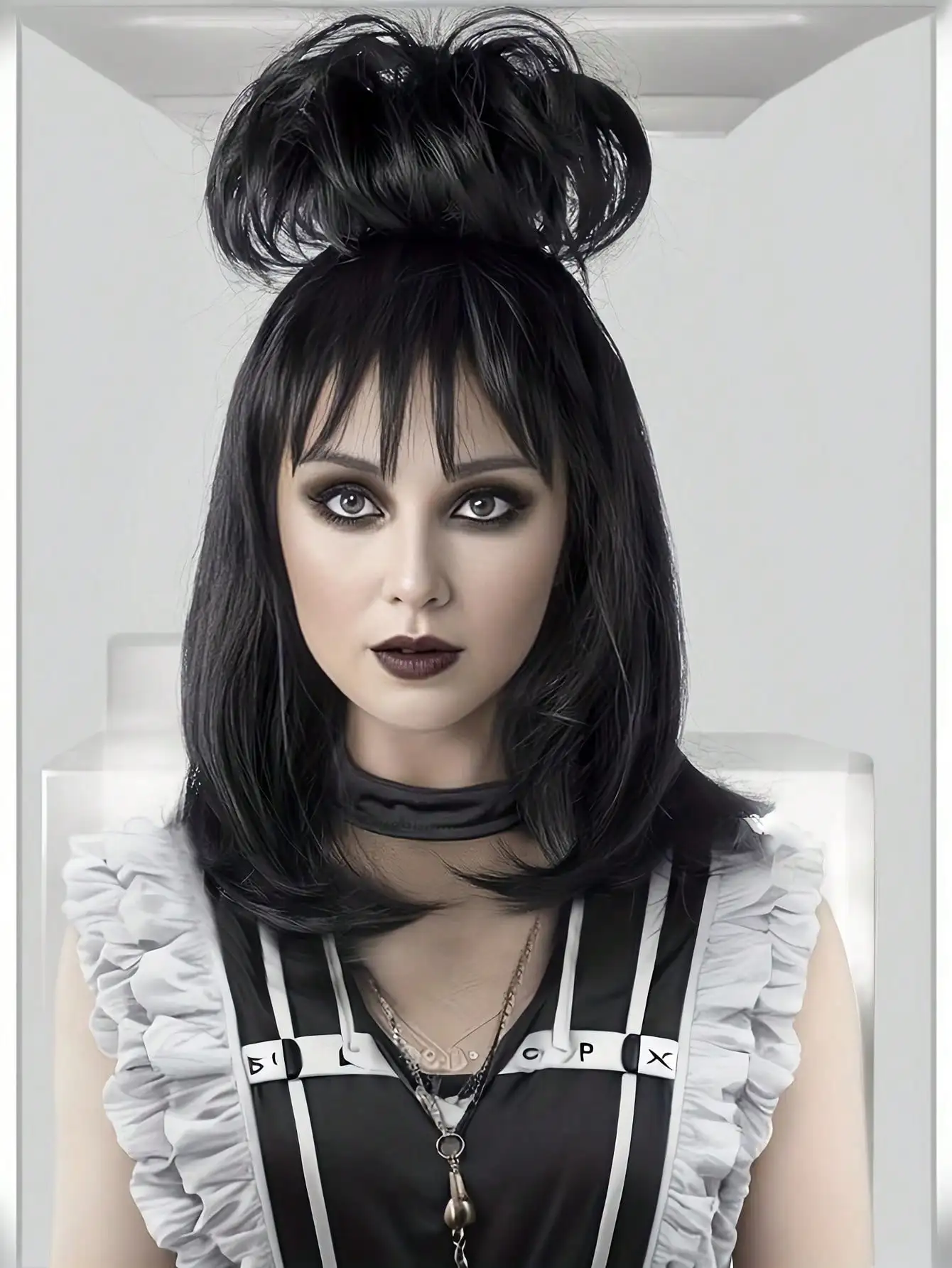 شعر مستعار Lydia Deetz تأثيري مع الكعك للنساء ، زي أسود ، شعر مستعار قوطي ، عروس ، بيتليجوس ، حفلة الهالوين