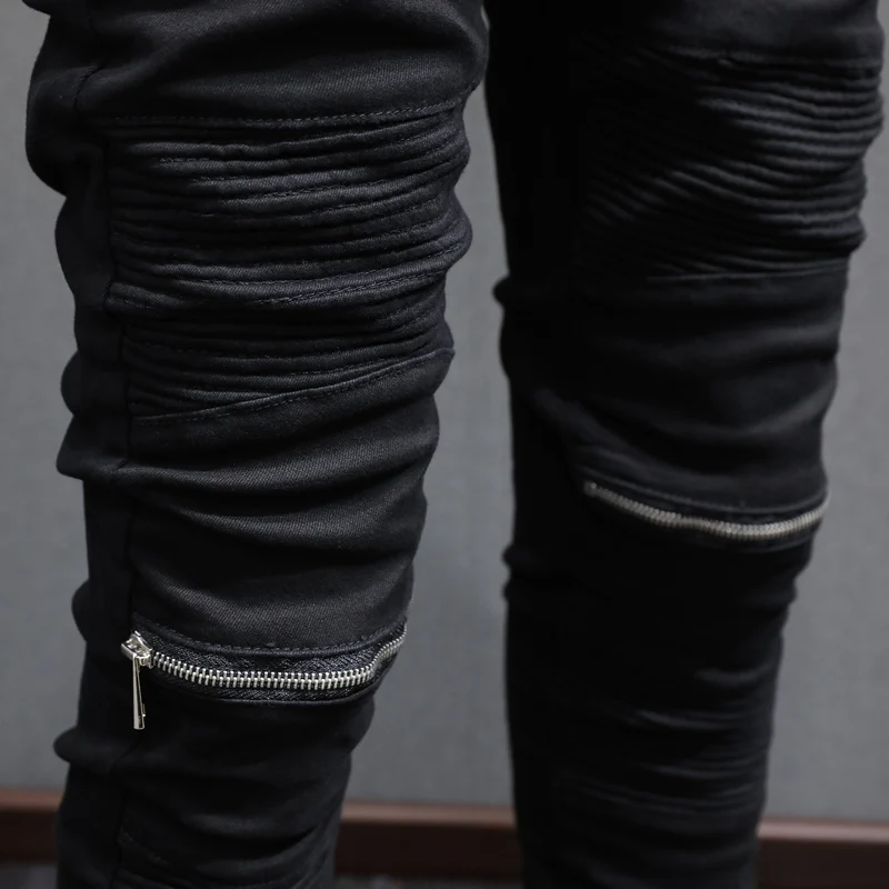 Street Fashion Men Jeans Preto Elastic Stretch Skinny Jeans Rasgado Homens Zipper Emendado Designer Hip Hop Denim Calças Punk Hombre