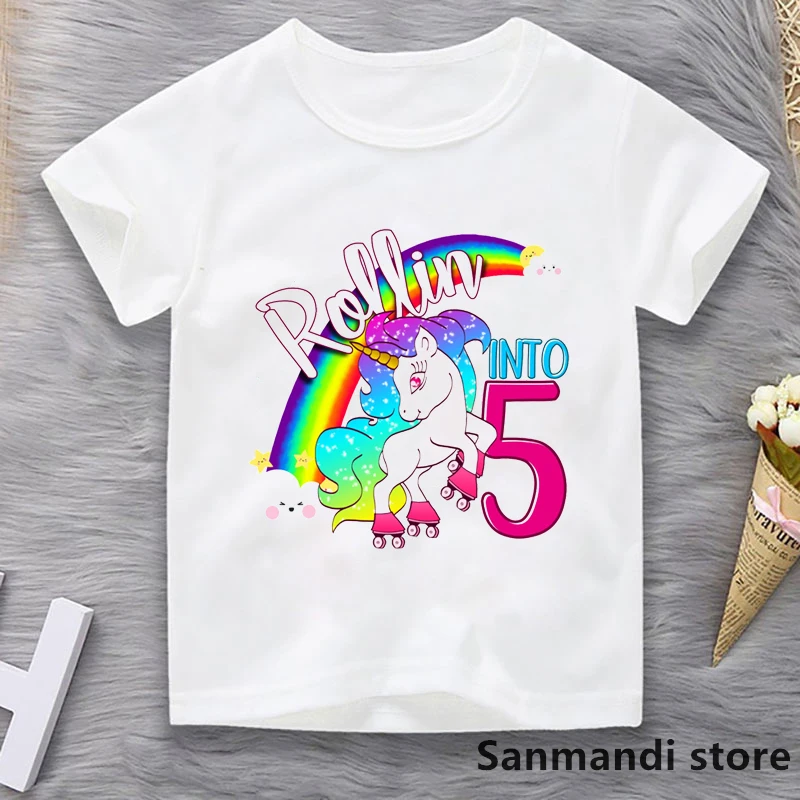 New Rollin To 2-10th Birthday Gift T Shirt Girls/Boys Kids Clothes Rainbow Unicorn Tshirt Summer Tops Toddler Childrens Clothing