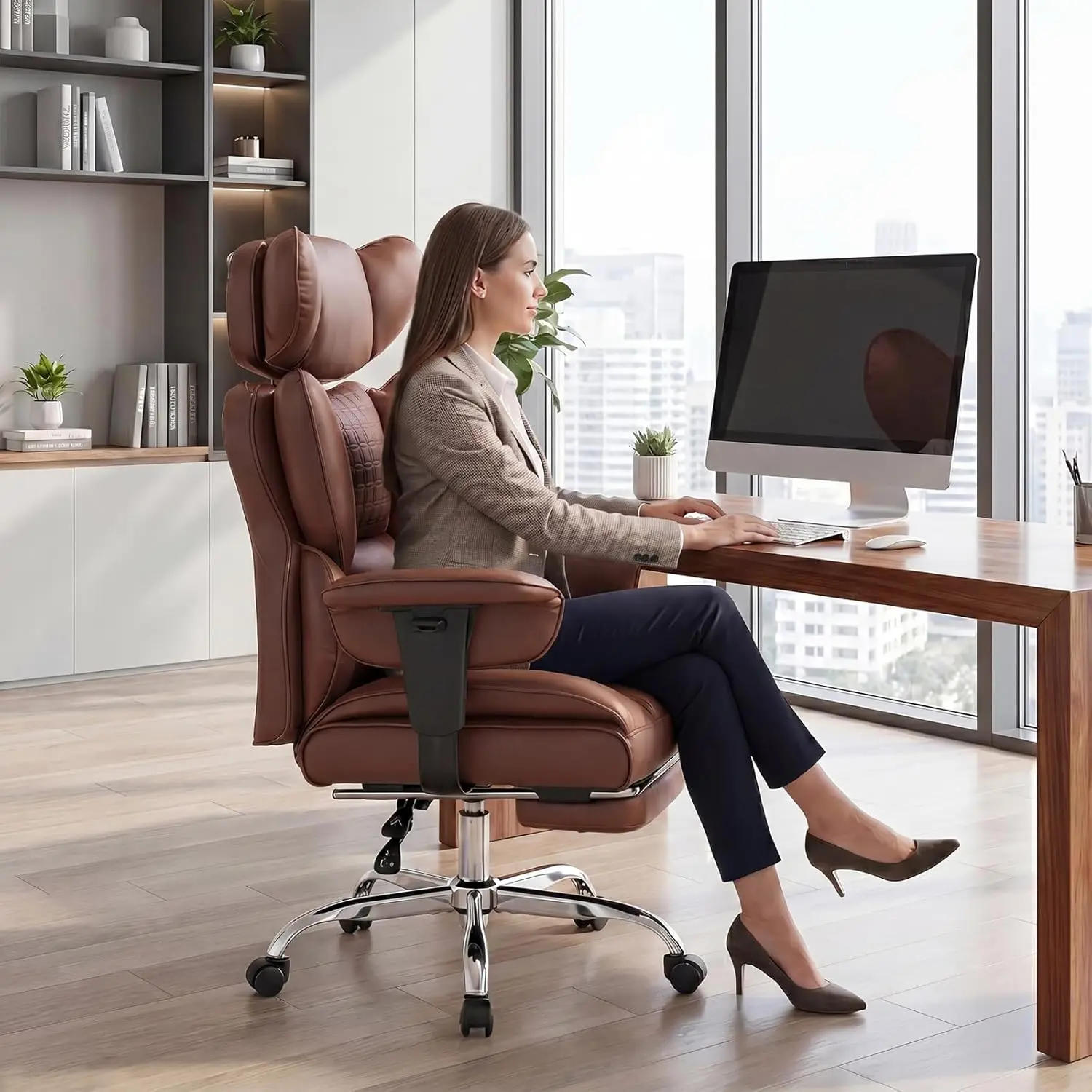 Ergonomic Office Chair with Footrest, High Back Reclining, Adjustable Armrests, Lumbar Support, PU Leather, Brown view 2