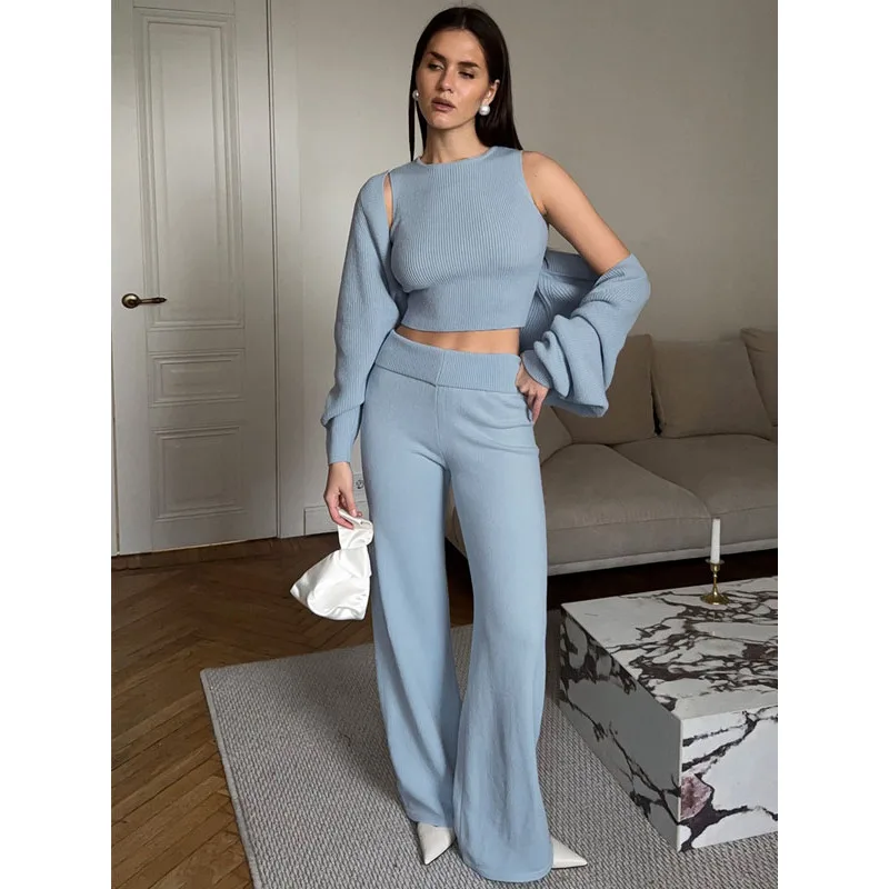 Casual Knitted 3 Piece Sets Temperament Lazy Cardigan Sweater Vest Wide Leg Pants Sets For Women 2026 Autumn Winter Loungewear