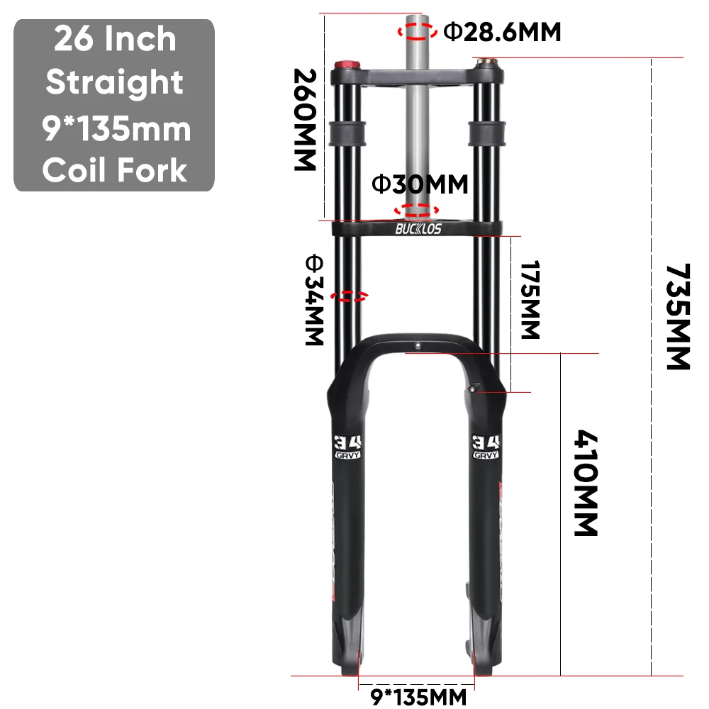 BUCKLOS 20x4.0 Fatbike Vering Vork 26x4.0 9*135mm E-Bike Olieveer Vork Veerweg 180mm Dubbele Kroon Sneeuwfiets Coil Vork 20 inch 26 inch 4.0 Fat Tire Fiets Vering Vork 180mm Veerweg 9*135mm E-Bike