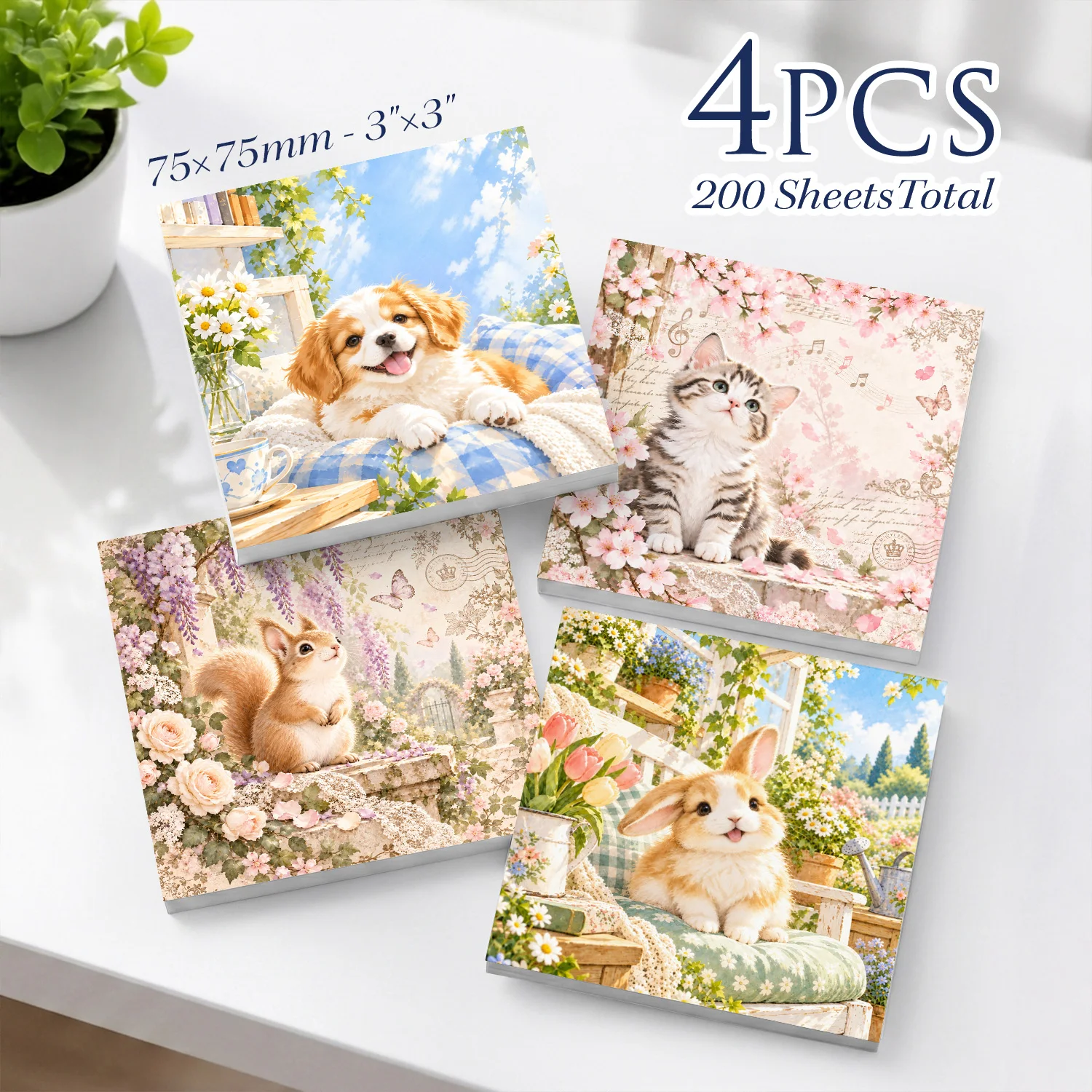 4pcs Cute Animal Sticky Notes, 200 Sheets Total, Puppy Kitten Squirrel Bunny Floral Memo Pads for Office School Daily Notes