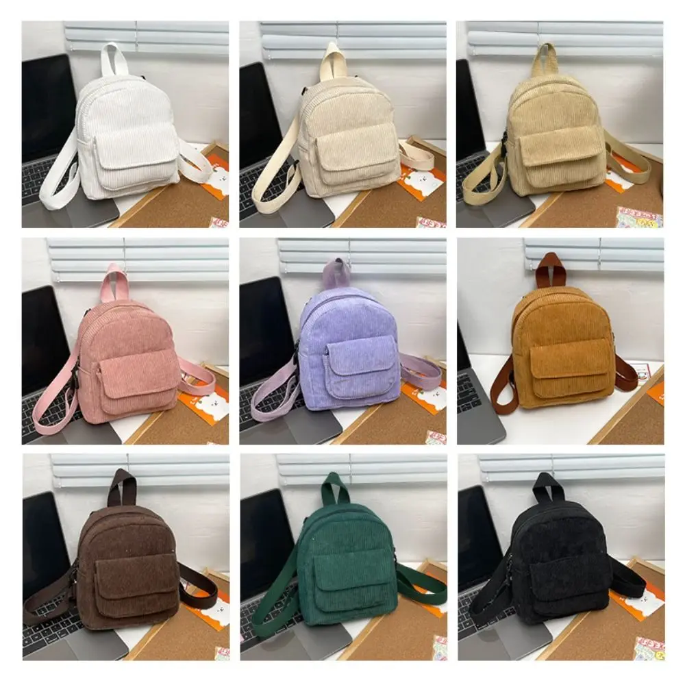 Fashion Solid Color Mini Backpack Corduroy Lightweight Small Backpacks Dacron Multiple Pocket High School