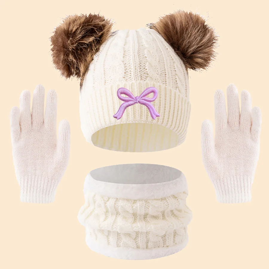 3pcs Kids Winter Knit Hat Scarf Gloves Set Cute Bow Fluffy Pom Pom Earflaps Warm Thermal For Outdoor Skiing Daily Wear