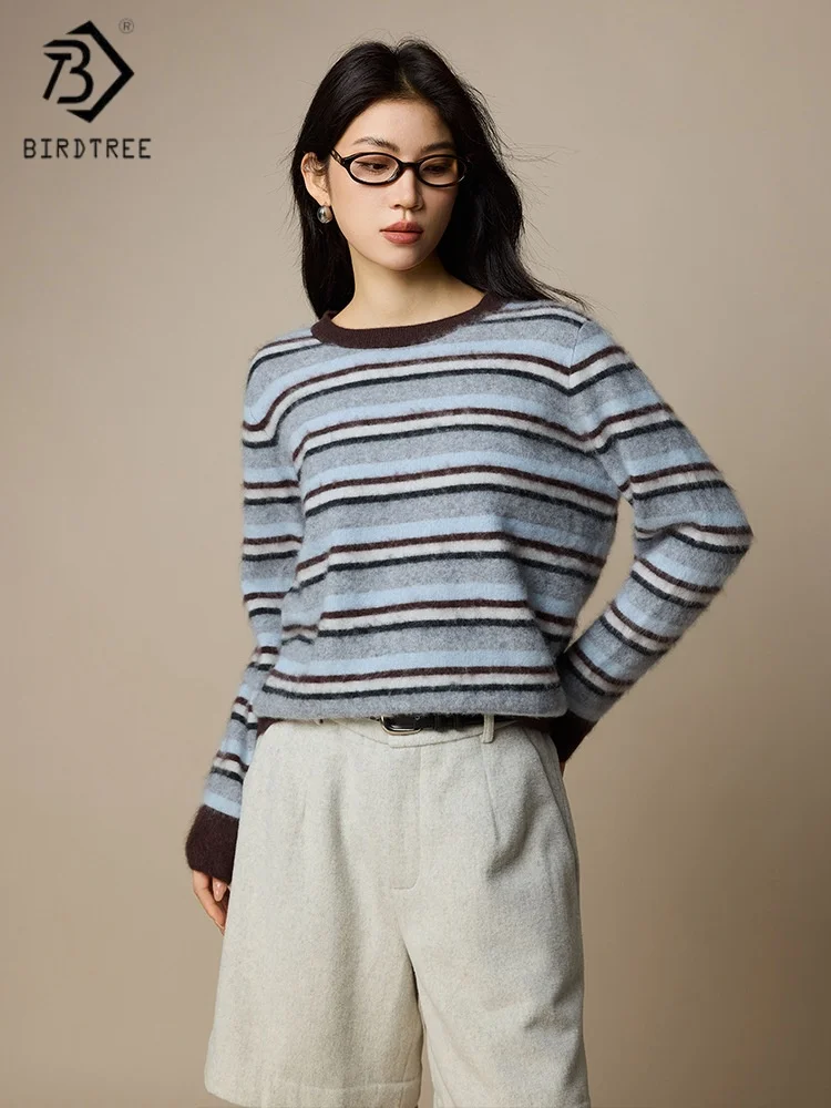 

Birdtree,93% Sheep Wool 7%Cashmere Sweater,Woman Plush Stripe Chic Tops,O-neck,2025 Fall/Winter Knitted Warm Pullover T5N205JF