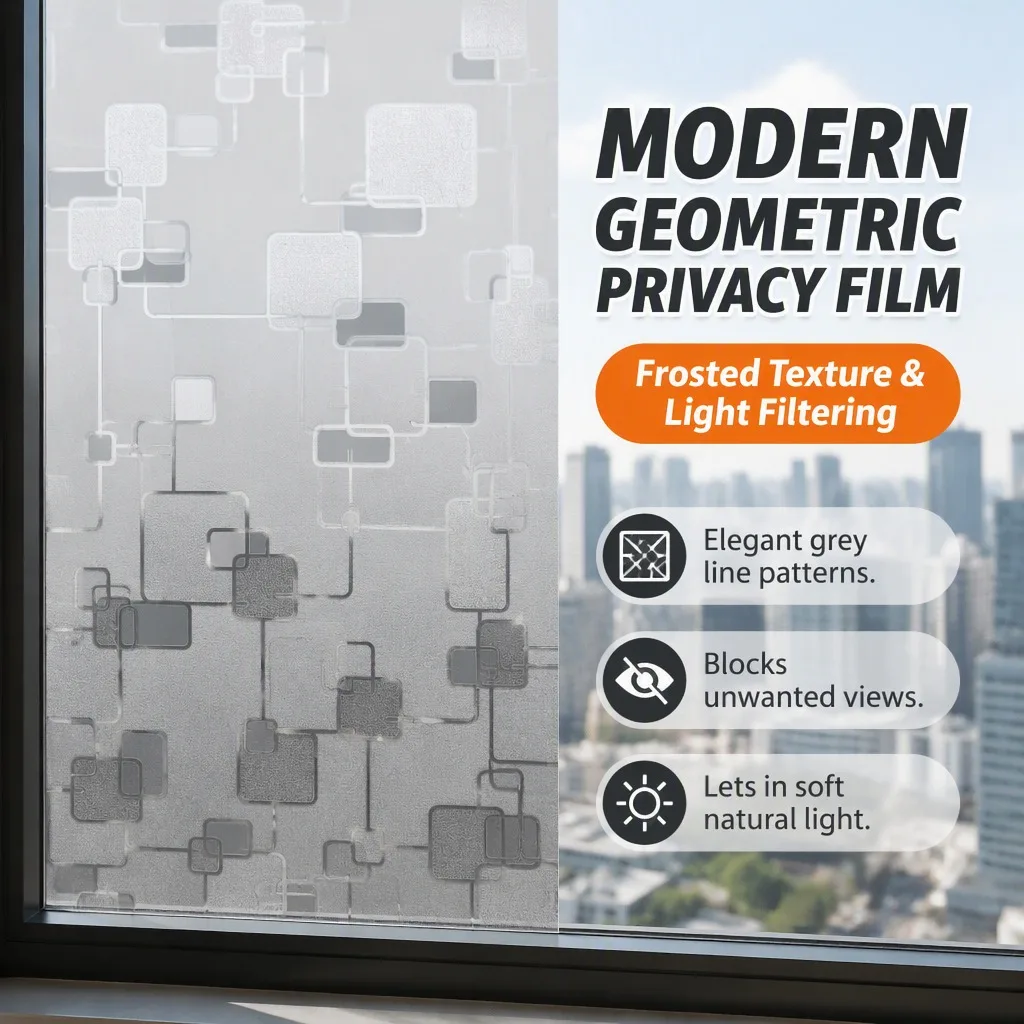 Gray Geometric Frosted Privacy Window Film Translucent Static Cling Removable for Bathroom Bedroom Glass