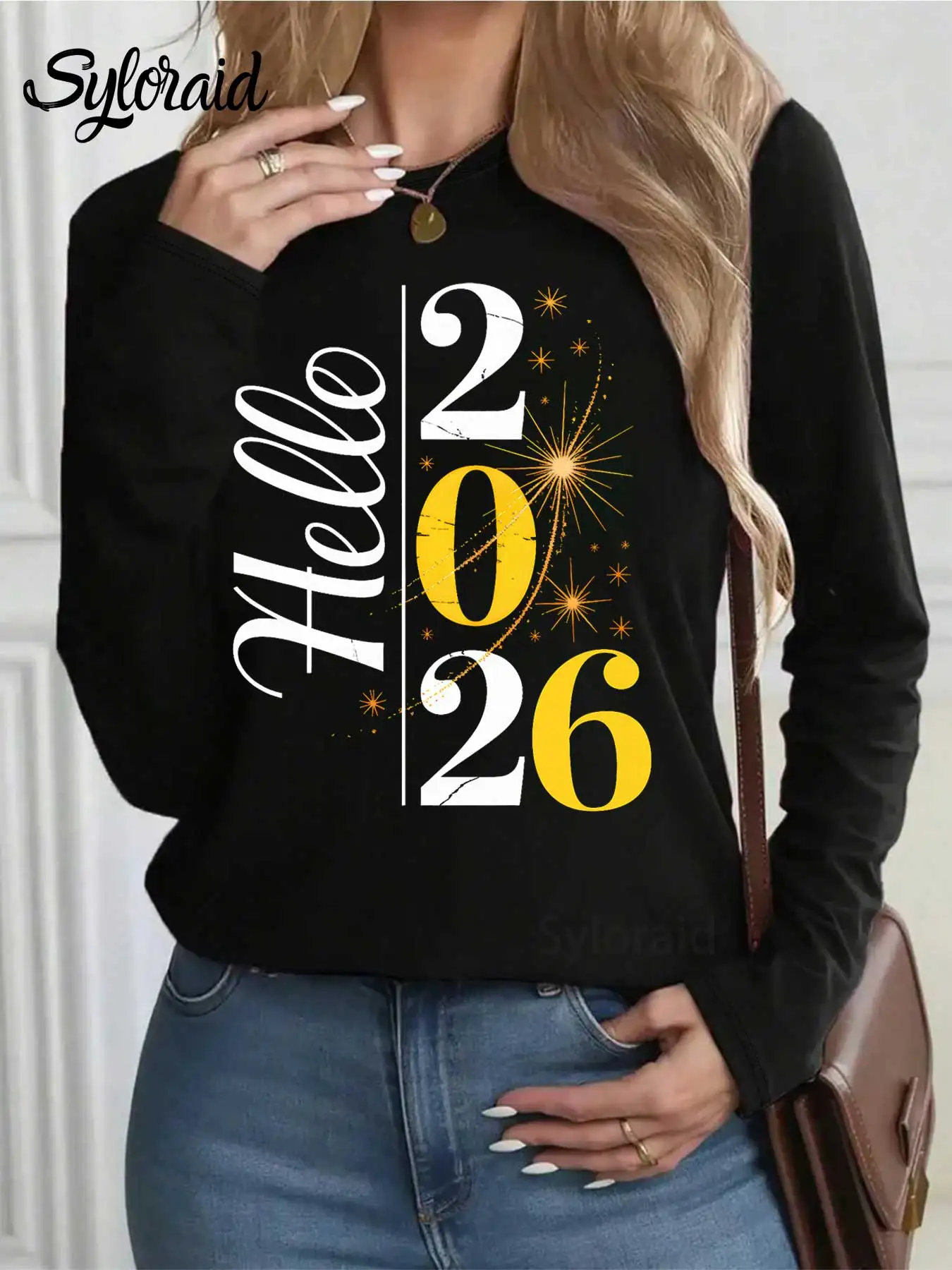 여성용 긴 소매 티셔츠 '헬로 2026' 새해 황금 불꽃놀이 프린트 티셔츠 패션 라운드 넥 캐주얼 탑