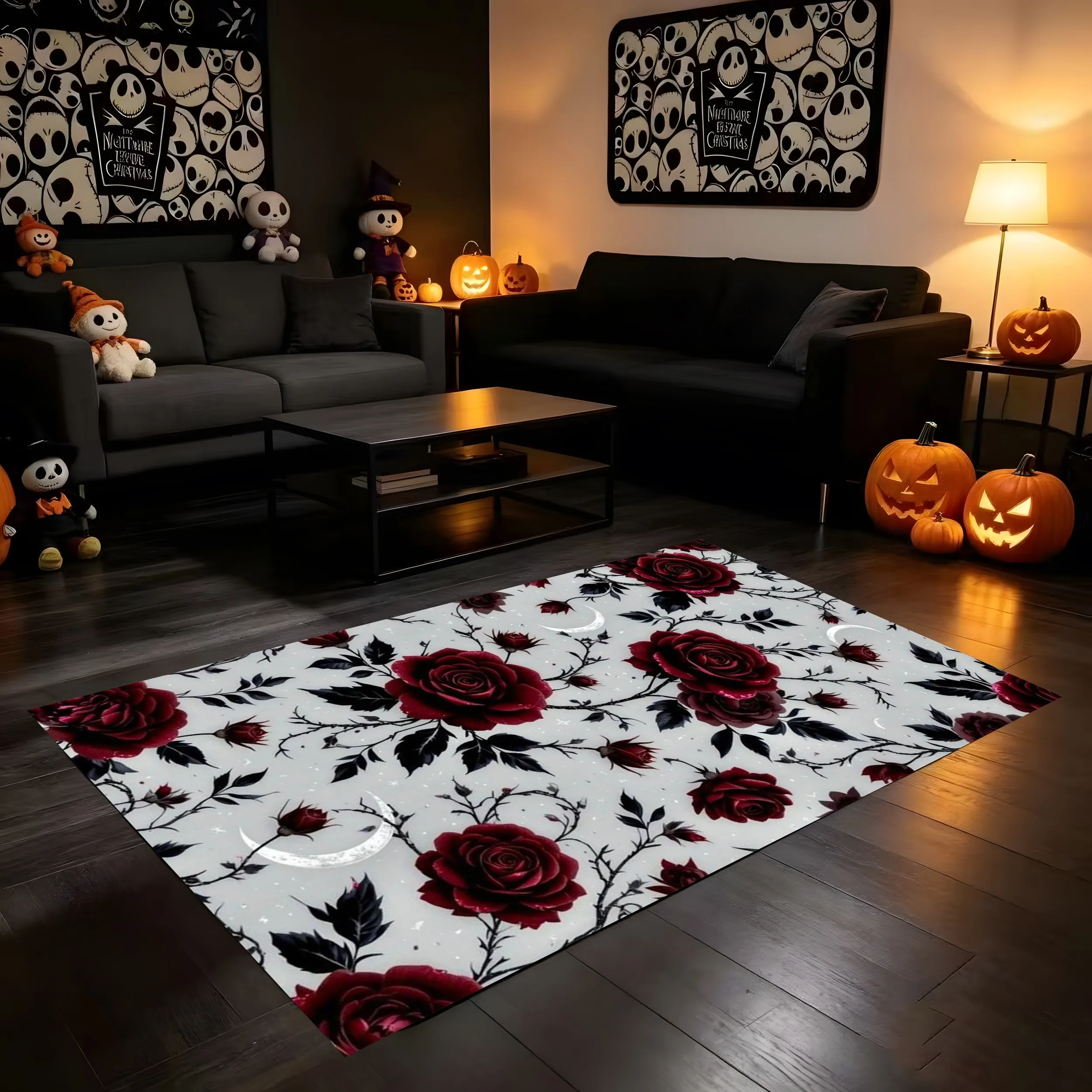 2D Large Carpet with Reading Ghost Pumpkin Print Sweet Cartoon Style Soft and Cute Bright and Adorable Halloween Atmosphere