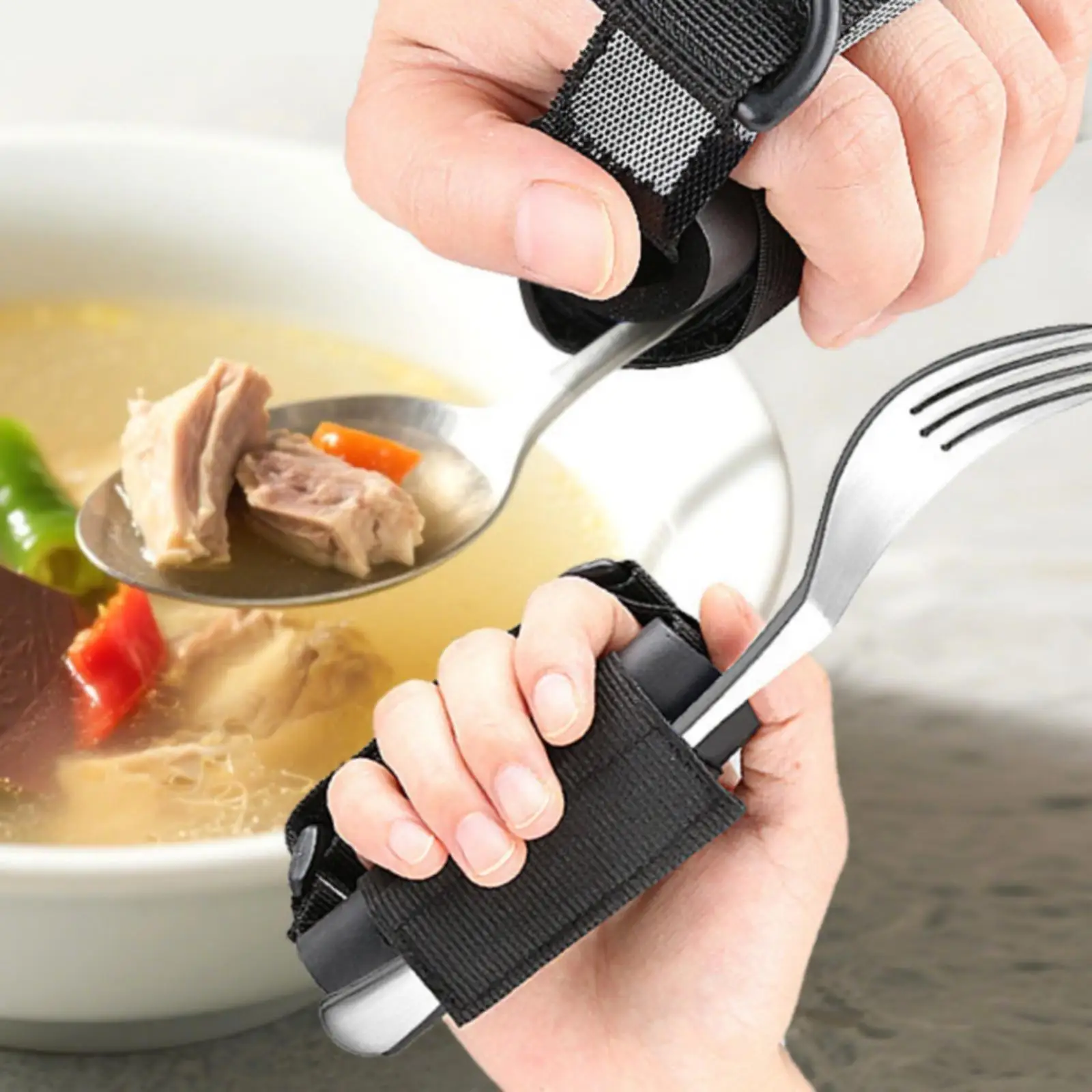 Utensil Hand Strap for Seniors Padded Sleeve with Textile Fastener for Spoon Fork Anti Spill Dining Aid