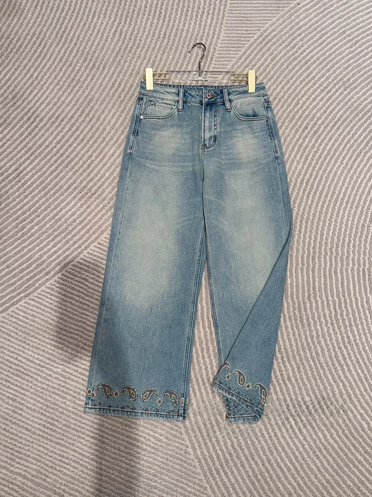 

Handmade Straight Leg Cotton Jeans with Nut Flower Embellishment And Beading Detail Ladies Spring Fashion Zipper Closure