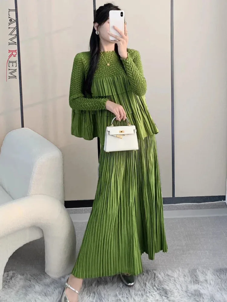 LANMREM 2 Pieces Pleated Pants Sets Stitching Long Sleeves Shirts With Wide Leg Trousers Female Elegant Clothing New 2DB1510