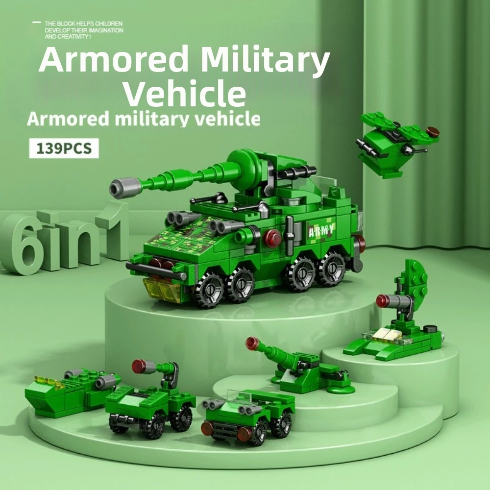 Transformable Building Blocks 6-in-1 Steam Train Building Bricks Set Police Car Tank Helicopter Dinosaur Building Toy