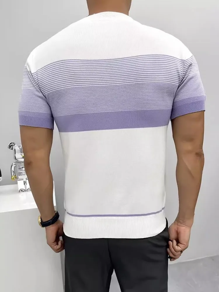 Slim Fit Men 2024 New Summer Short Sleeve Casual T-Shirt Fashion O-Neck Knitted Tops Pullover Tees Elastic Striped T-Shirts Male