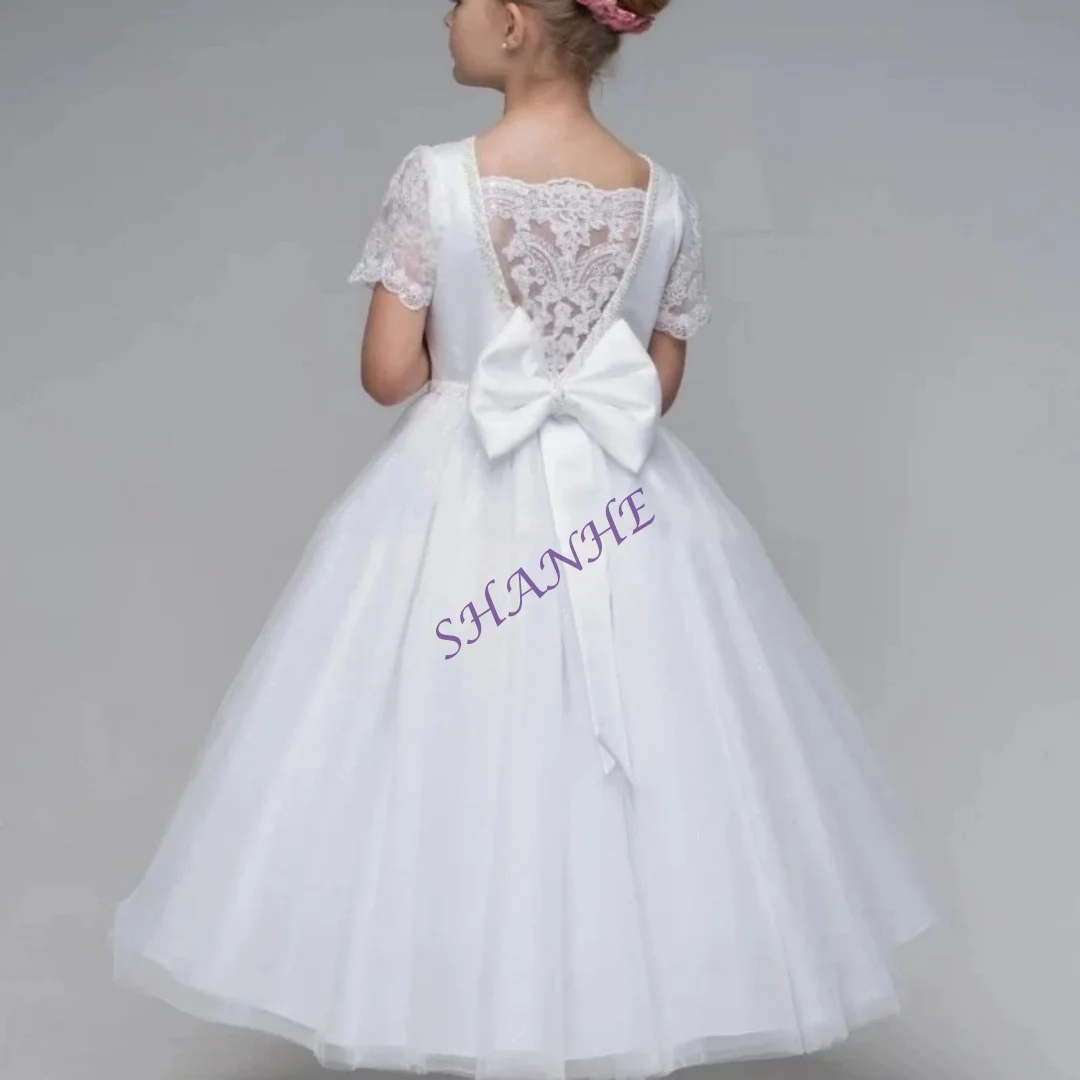 맞춤형 흰색 첫 영성체 드레스 티 길이 레이스 소매 웨딩 플라워 걸 드레스 비즈 장식 튤 파티 볼 가운