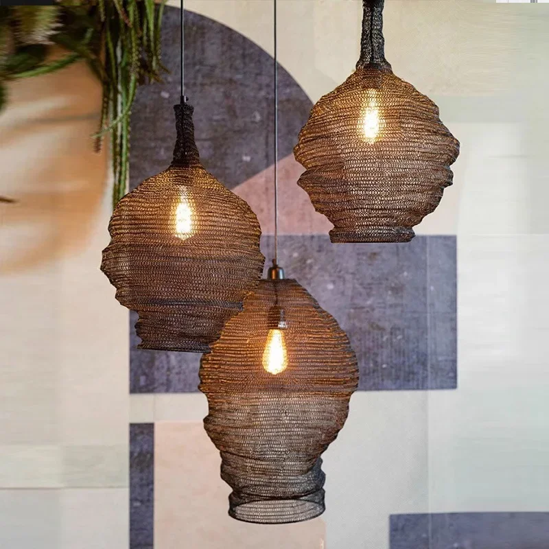 

SANDYHA Modern Pendant Lights Wire Mesh Restaurant Chandeliers Bedroom Bedside Lamp Villa Staircase Lighting Home Decoration