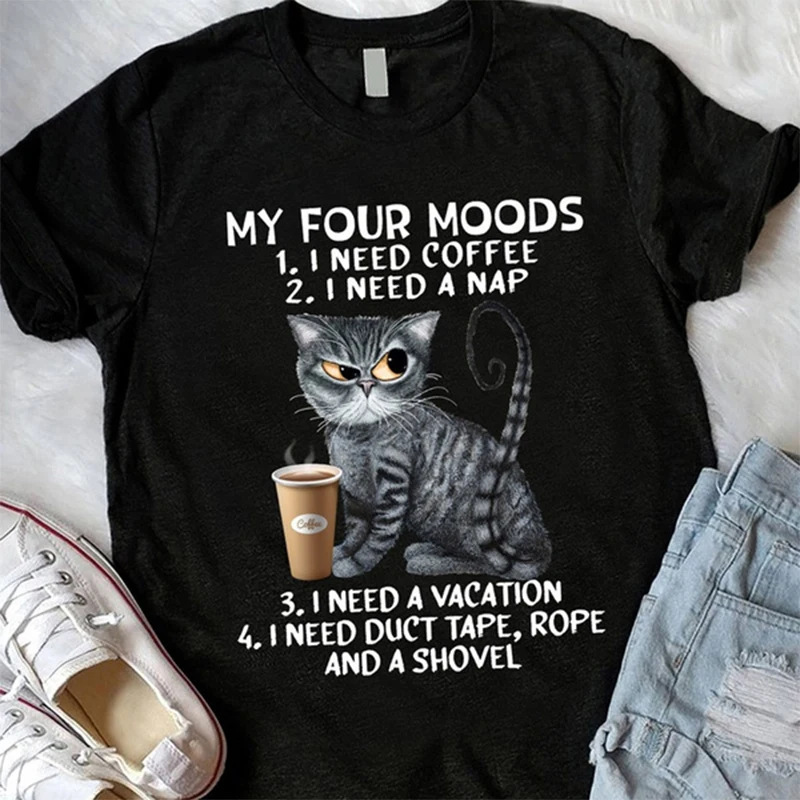

Black Cat T-Shirt for Men and Women, My Coffee and My Four Moods, Coffee Lover Gift