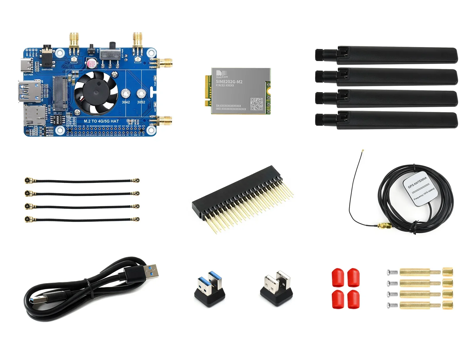 AeroPartsSIM8202G-M2 5G HAT (B) For Raspberry Pi, 5G/4G/3G, Snapdragon X55, Quad Antennas 5G NSA, Multi Band