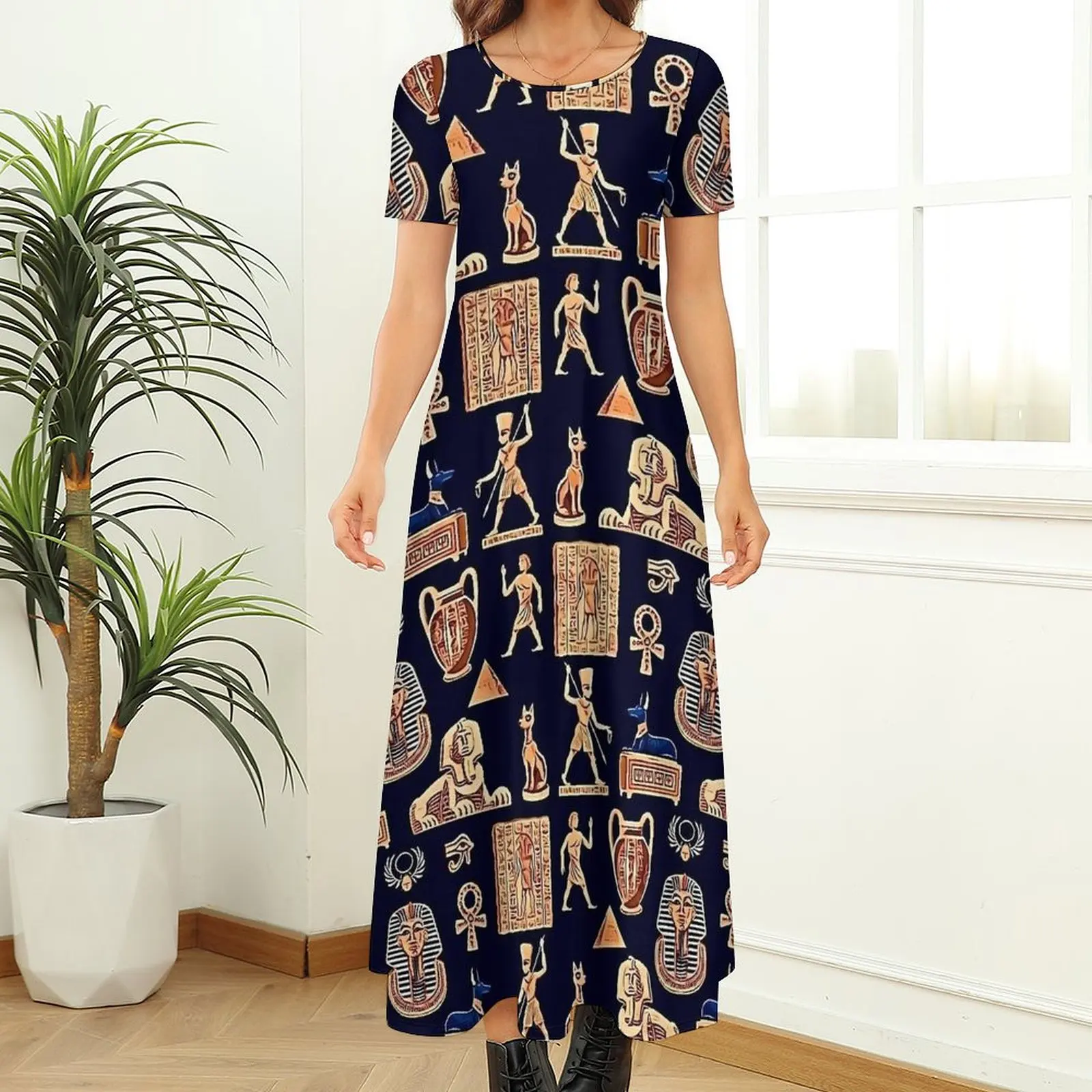 Ancient Egyptian Art Dress  Modern Maxi Dress Short Sleeve Aesthetic Boho Beach Long Dresses Ladies Printed Big Size Vestidos