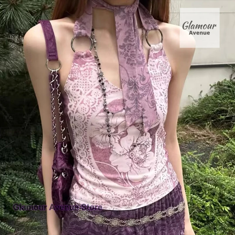 

American spice girl retro romantic purple pattern suspender neck vest female summer new fashion sexy backless short top.