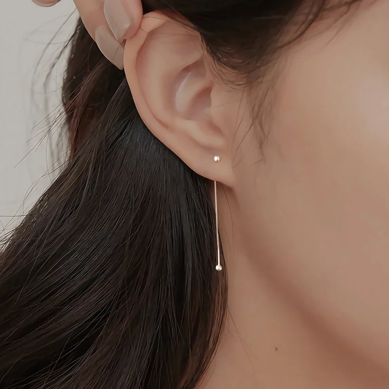 S999 Sterling Silver Dangle Threader Earrings For women  with Tassel Bead Minimalist Trendy Cartilage Drop Earrings