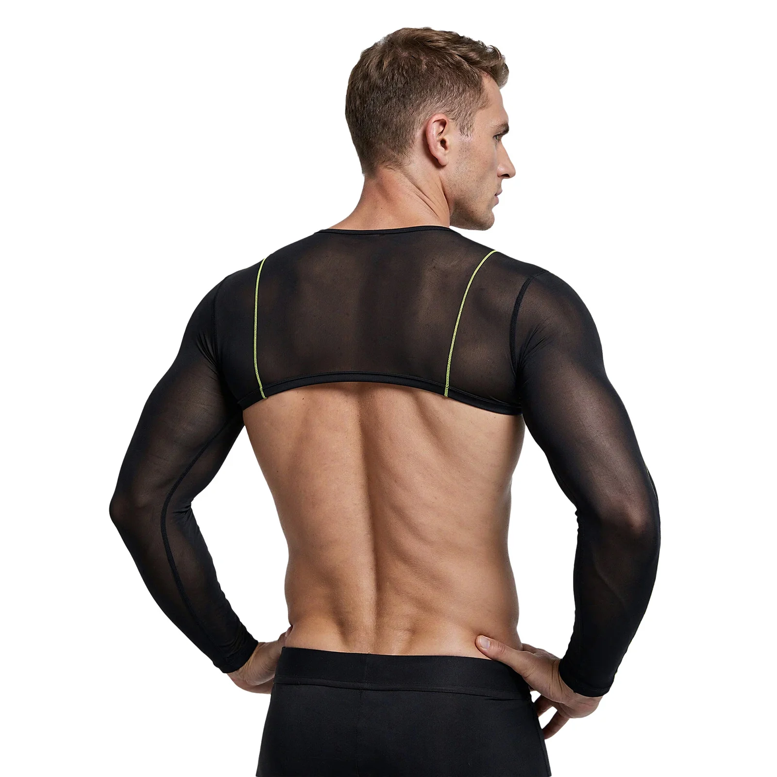 Mens Sexy Crop Top See Through Mesh Patchwork Long Sleeve Contrasting Trim Sun Protection T-Shirt for Sports Workout Gym Fitness