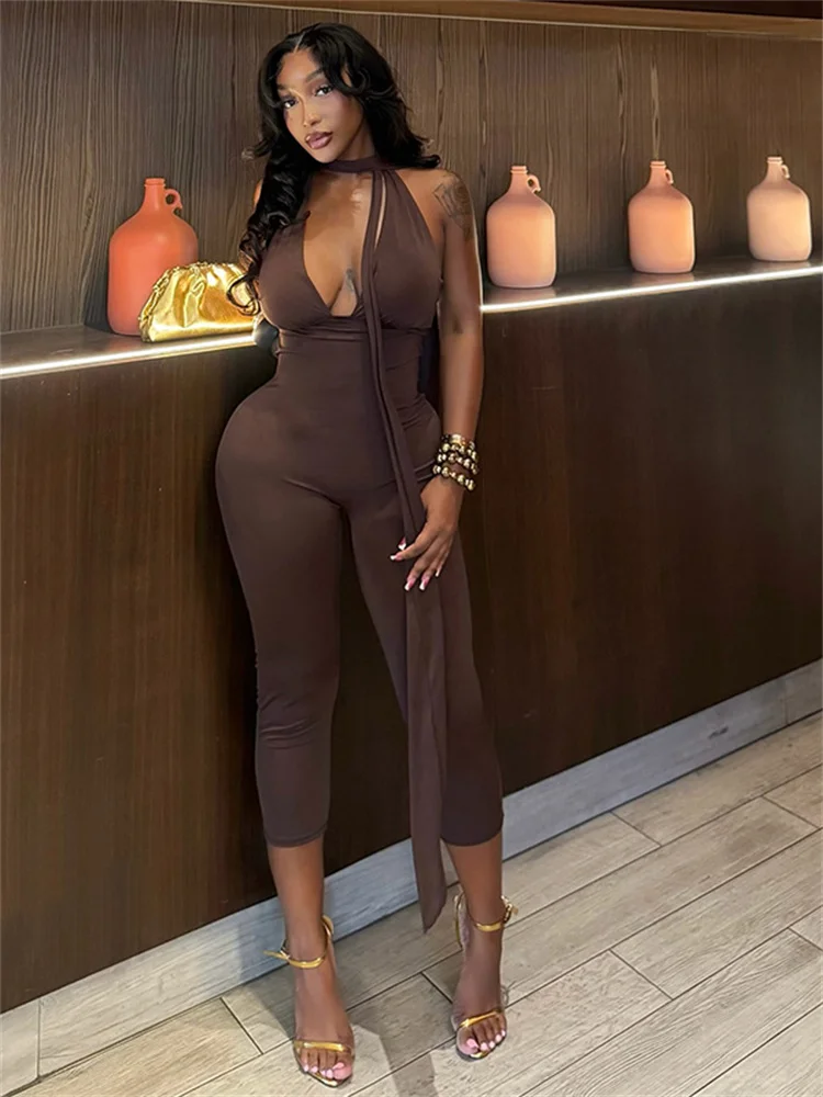 

Sexy Backless Jumpsuits Woman Halter Ribbon Deep V-Neck Sleeveless Skinny Peach Hip Hot Girls High Street Fashion Overalls