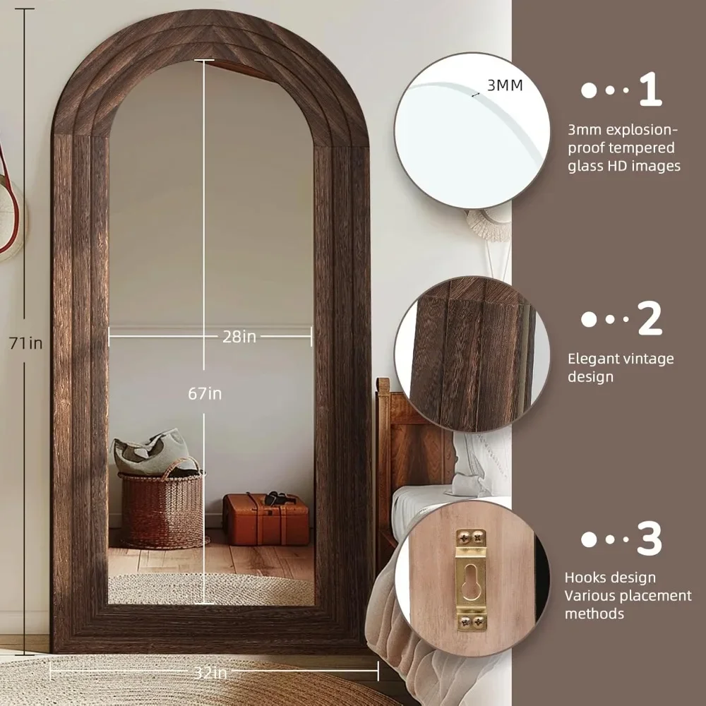 Arched Full Length Mirror With Solid Wood Frame, 71x32 Farmhouse Wall Mounted Floor Mirror With Stand, Vertical Hanging|