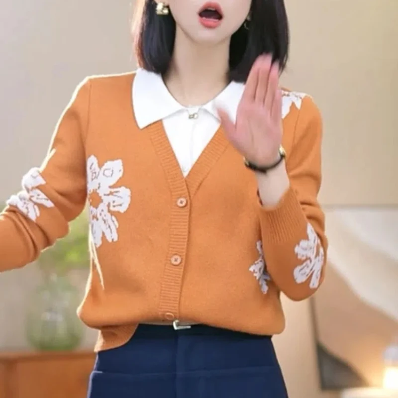 

Spring Autumn New Fashion Fake Two Pieces Sweater Women High Street Casual Long Sleeve Button Cardigan Elegant All-match Tops