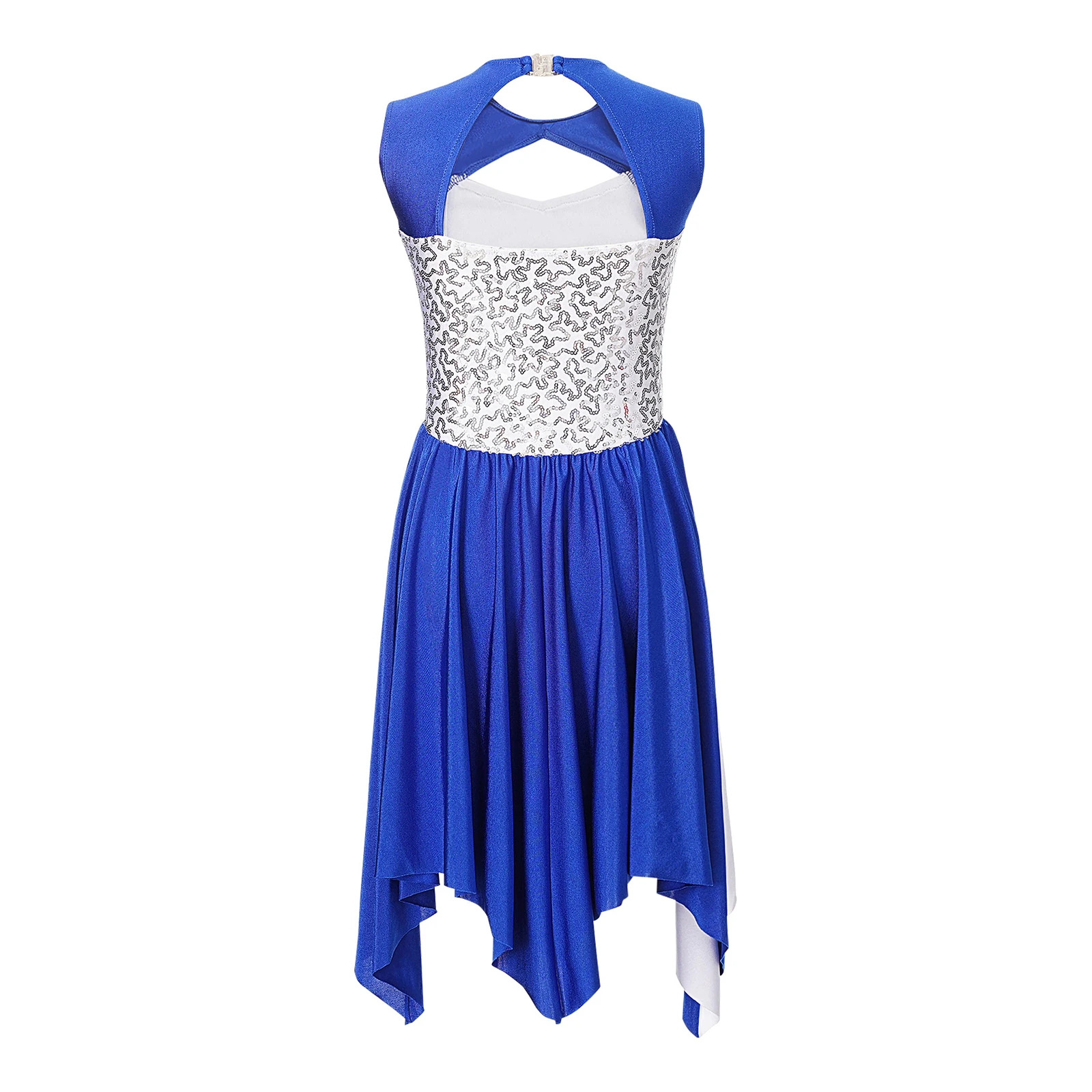 Vestido de dança lírico sem mangas para crianças, collant de ginástica, lantejoulas brilhantes, bainha assimétrica, vestido moderno de câmara