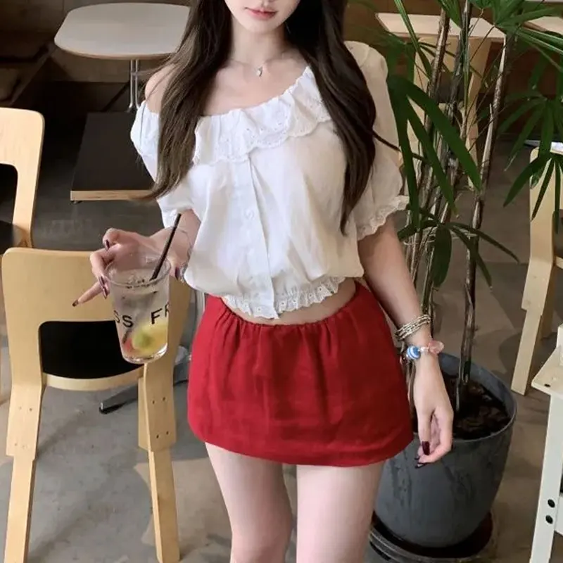 

Korean Vintage Solid Color Aura Mini Skirts Women's Clothing High Waist Summer Basic Hotsweet Folds Fashionable A-Line Skirts