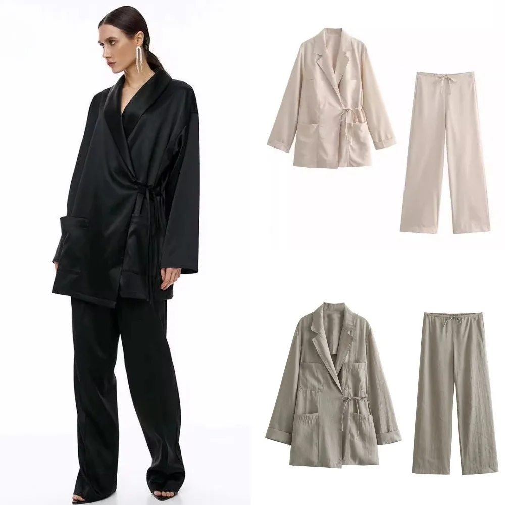 

Fashion Casual Solid Color 2 Piece Set Women Bandage Blouse High Waist Loose Trousers Versatile 2024 New Clothing