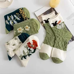 2 Pairs Women Socks New Fashion Socks Korean Style Flower Trend Casual Cotton Socks Cute Green Style Soft Breathable Middle Sock