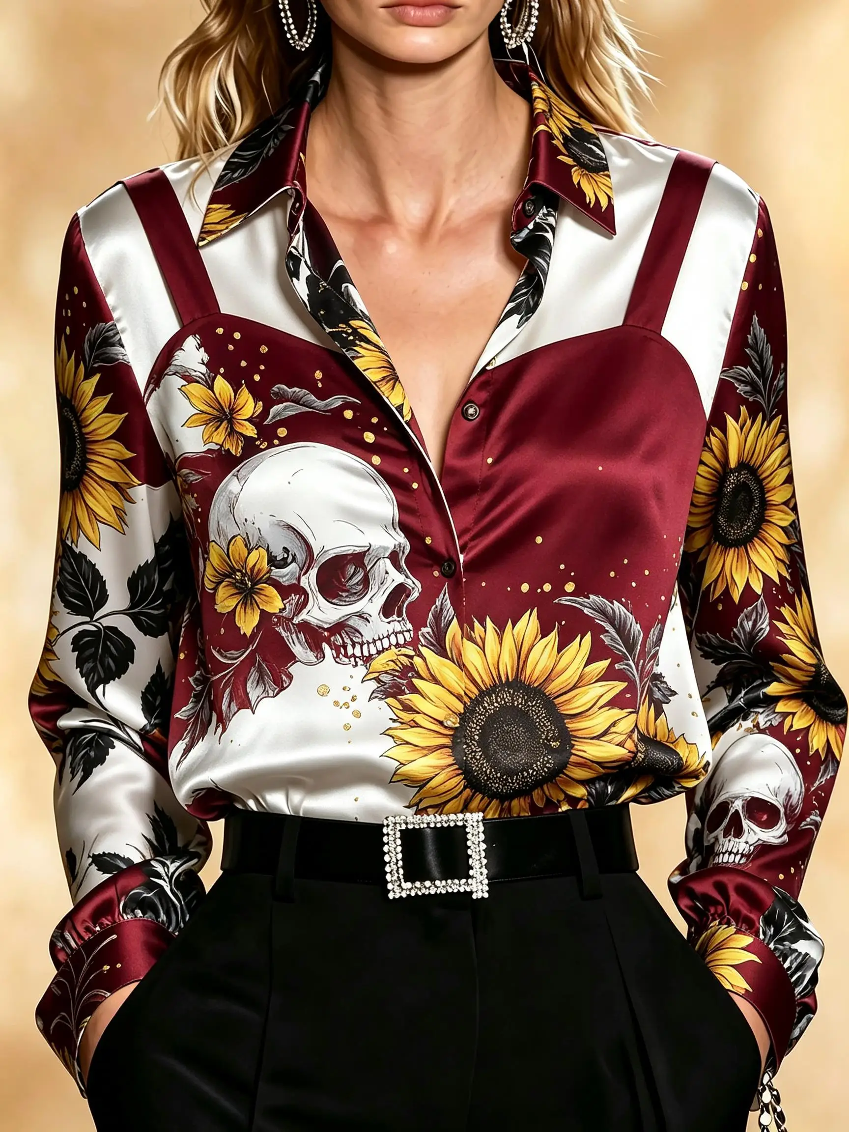 Camisa de satén de manga larga con solapa para mujer, estampado gótico de calaveras y girasoles, estilo vintage, casual, holgada, con botones.