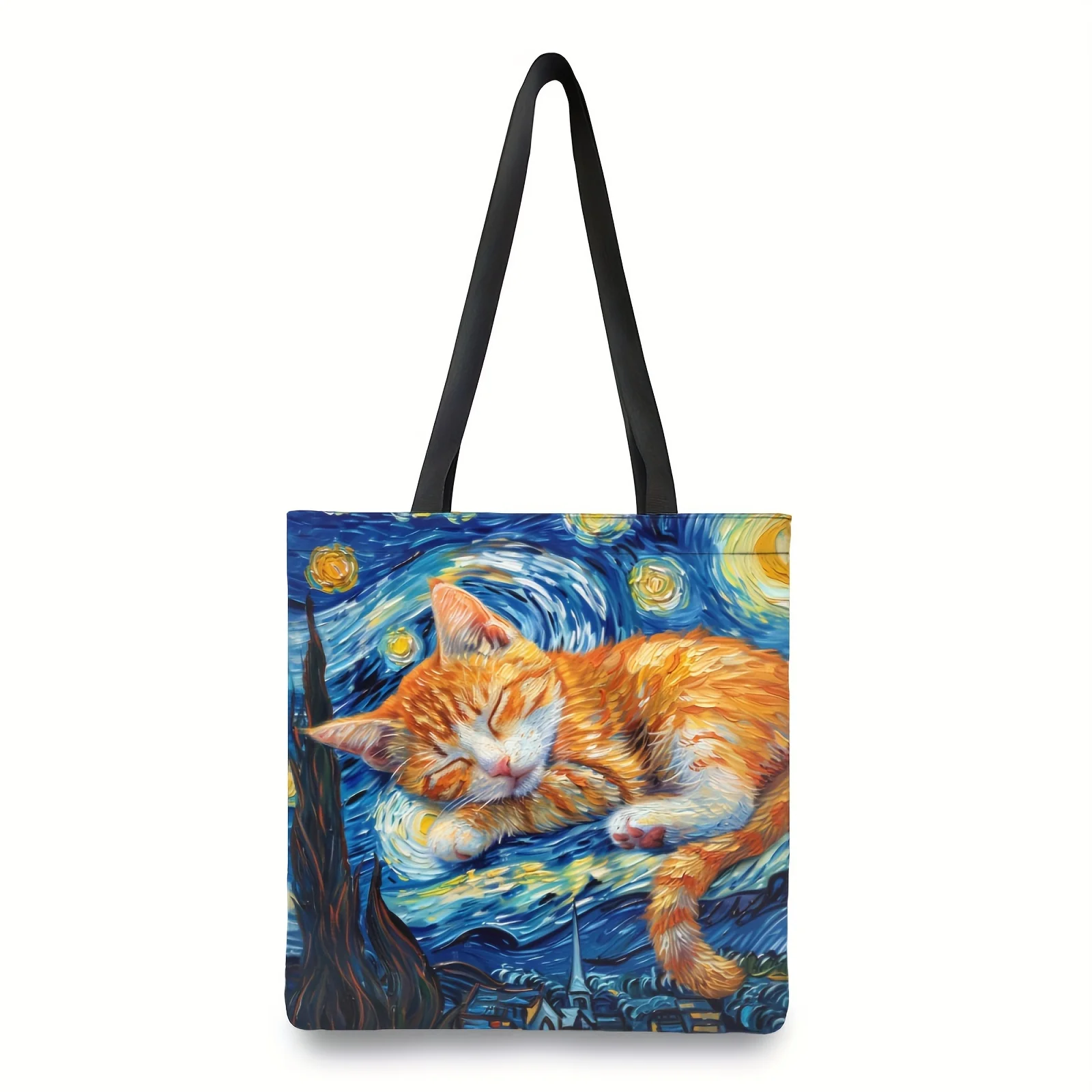 Whimsical Sleeping Calico Cat Print Tote Bag Black Cats Casual Polyester Shopping Bag 35x40cm for Travel & Work Shoulder Bags
