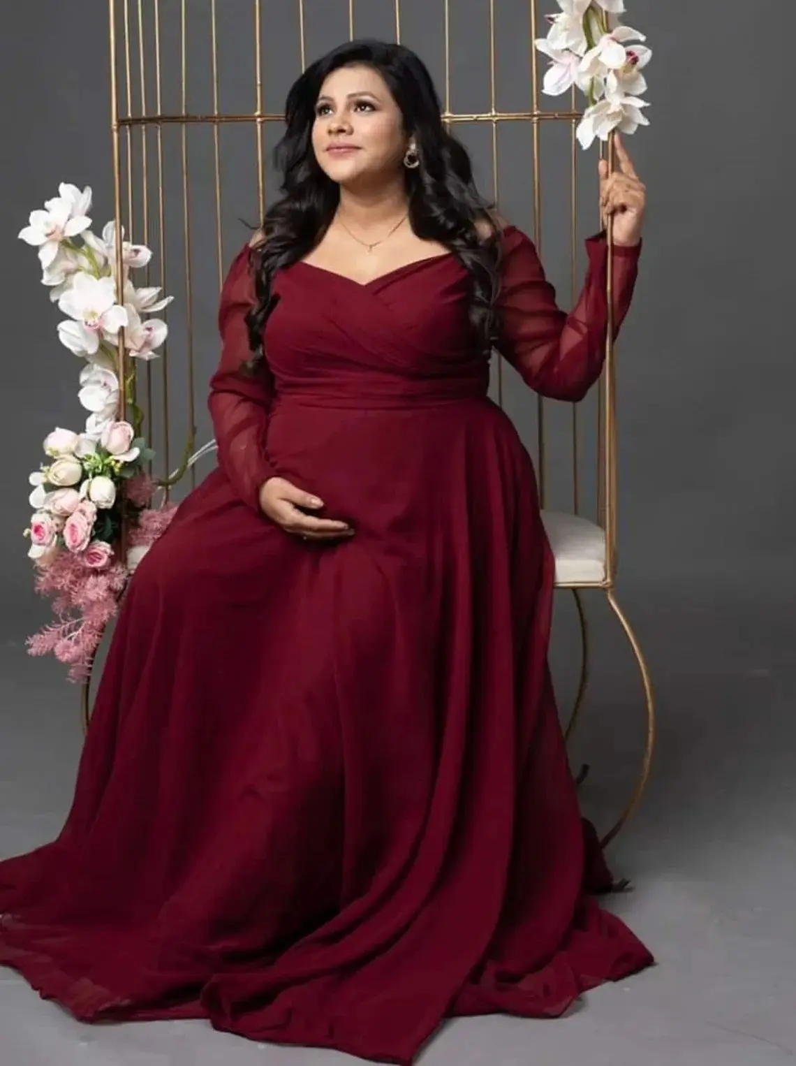 

Bugundy A Line Maternity Robes V Neck Long Sleeves Tiered Photoshoot Dresses Sexy Floor Length Pregnant Women Party Gowns