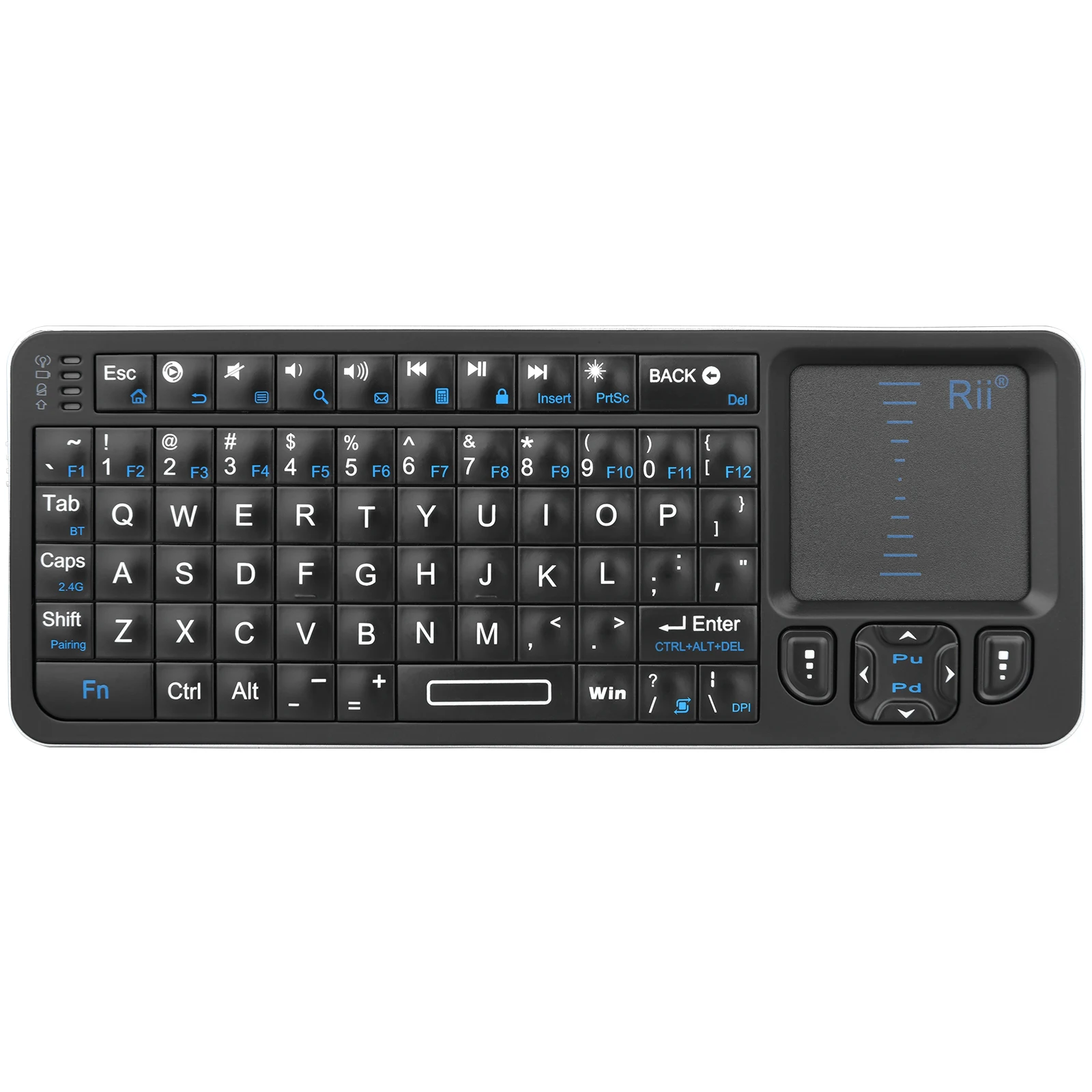 Rii K06 Mini klawiatura Bluetooth, podświetlana bezprzewodowa klawiatura 2,4 GHz z touchpadem do nauki podczerwieni Android TV Box, Mac, laptop, Windows