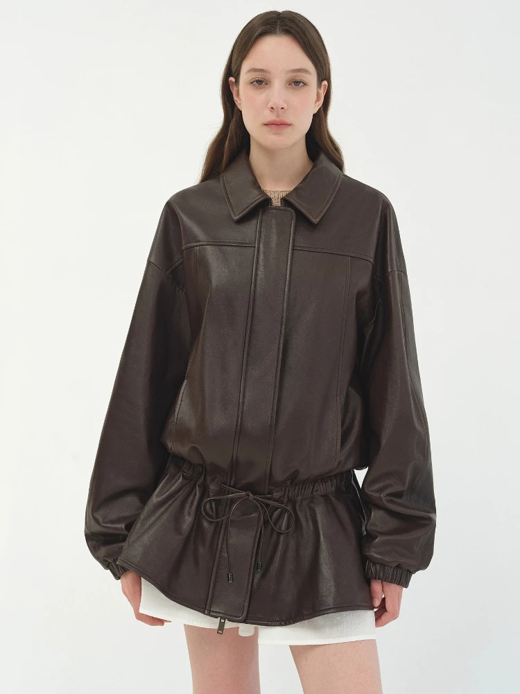 Elegante halflange lederen jassen voor dames lente herfst 2022, hoogwaardige eenvoudige vintage losse zachte echte schapenvacht jas