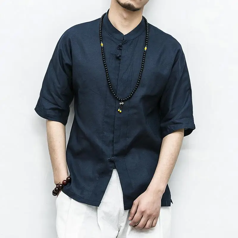 

Men's Linen ort Sve irt Center Button Loose Fit Summer Thin Material Pure Color Casual Wear for Men