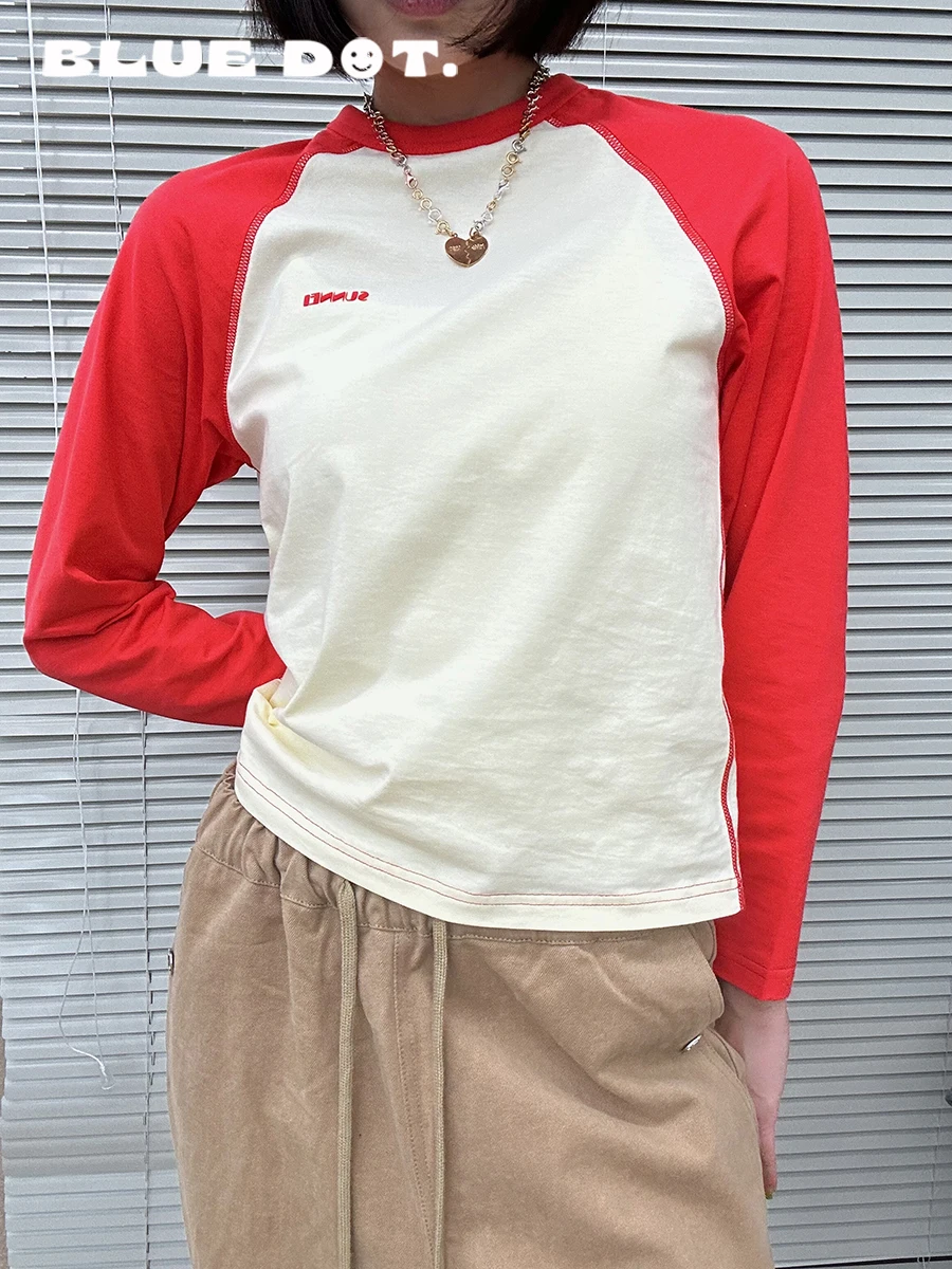 

Футболка с цветным буквенным принтом, длинными рукавами и круглым вырезом, с вставками на плечах, повседневного кроя, из хлопка, для женщин, лето 2023