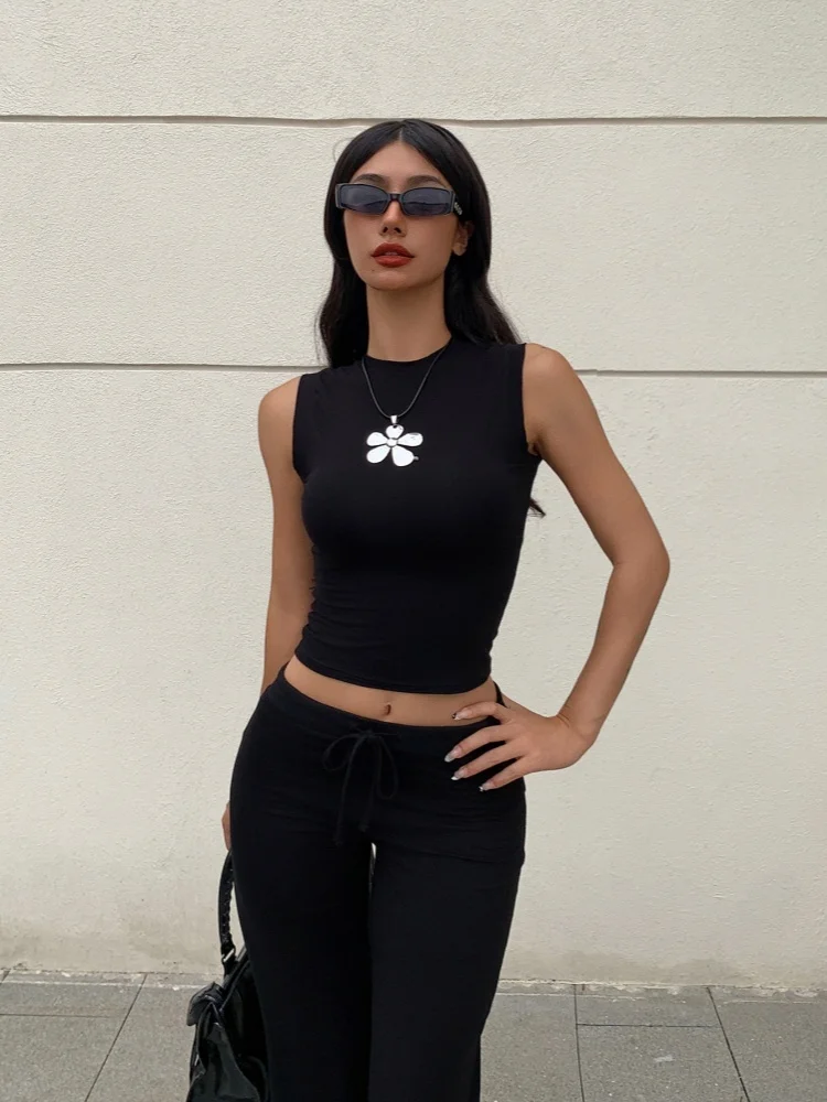 

Black 2 Piece Sets Womens Outfits Sleeveless Crop Top Straight Long Pants Slim Conjunto Femenino Sexy Streetwear Ensemble Femme