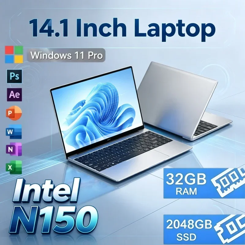 14.1 Inch Slim Lightweight Laptop Intel N150 32GB RAM 2TB Big SSD Windows11 PC For Daily Use Office Job And Casual Light Games