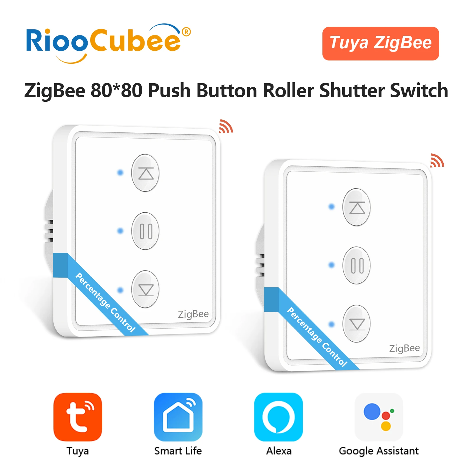 RiooCubee Zigbee Curtain Pushbutton Switch 80x80 Tuya Smart Percentage Control Voice Control Works with Google/Alexa