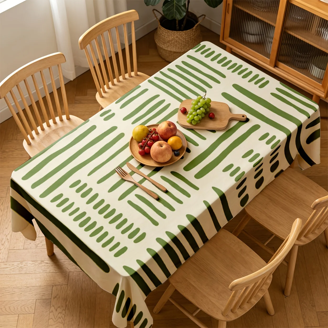 Tablecloth 2D Flat Printing 1 piece - Rectangular hand-drawn striped style, olive green color scheme - Tablecloth.PMJ