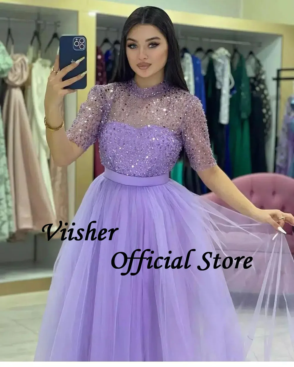 Viisher Lavender Sequins Tulle Prom Party Dresses Half Sleeve High Neck Arabic Evening Dress Ankle Length Formal Gowns